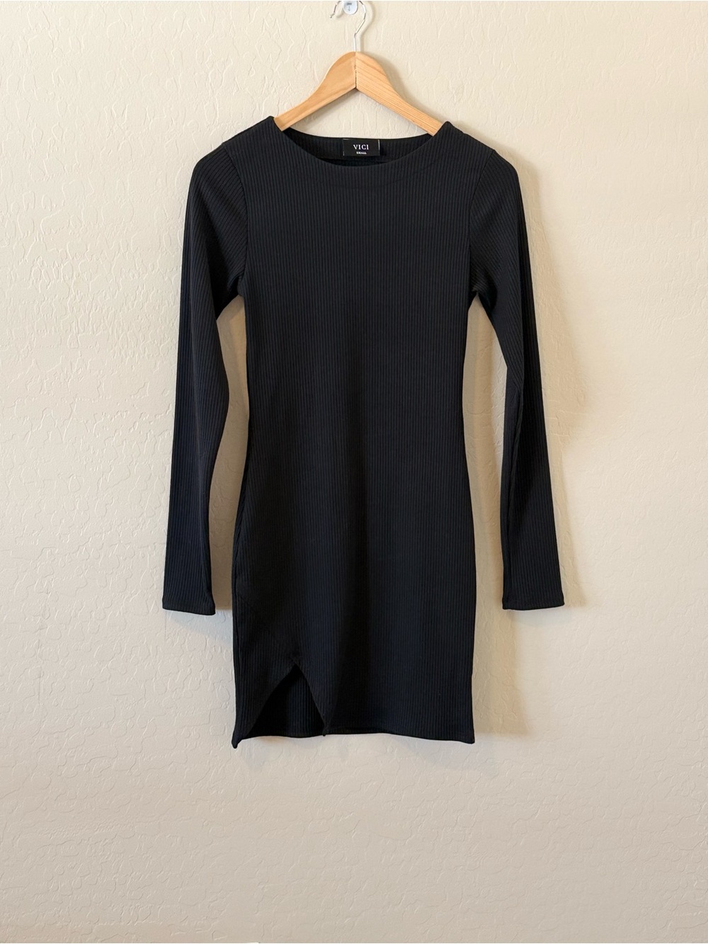 Women's Vici Black Ribbed Long Sleeve Crewneck Dress - Small